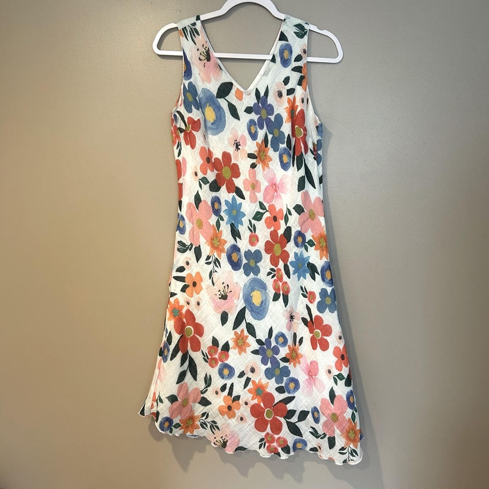 CHARLIE B White Floral Midi Dress with Blue, Pink & Orange Flowers